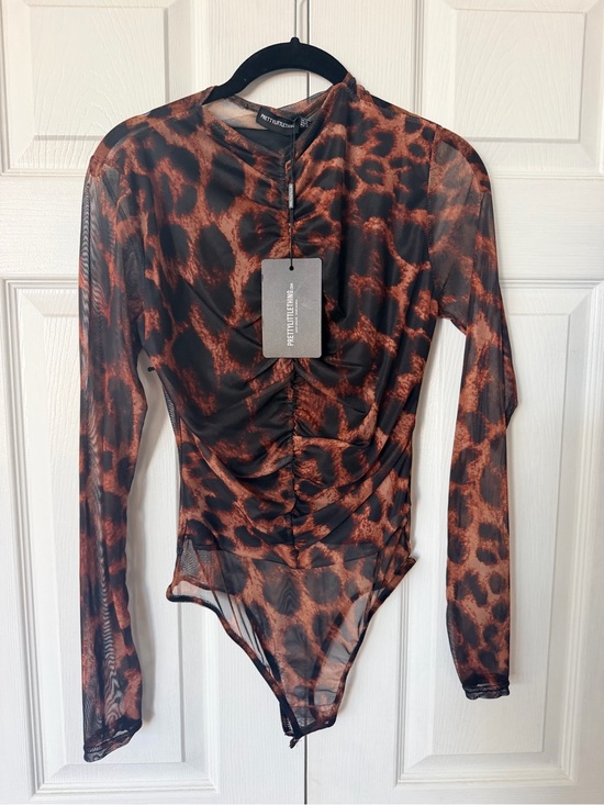 PrettyLittleThing Tops - PrettyLittleThing Sheer Leopard Print Long Sleeve Bodysuit in Brown and Black